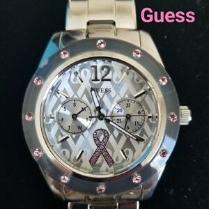 GUESS Pink Ribbon Watch W/ Swarovski Crystals